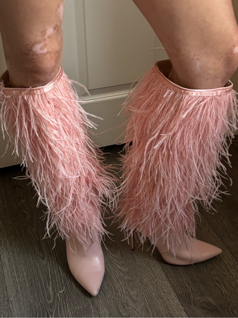 Pink Feather Knee-High Stiletto Boots - Picture 2 of 4